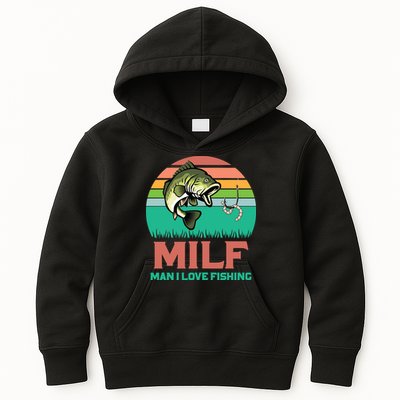 Funny MILF Man I Love Fishing Vintage Milf Fishing Shirt Fisherman Shirt Kids Hoodie
