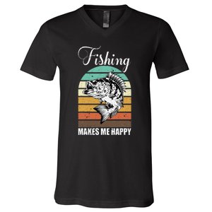 Fishing Makes Me Happy Retro V-Neck T-Shirt