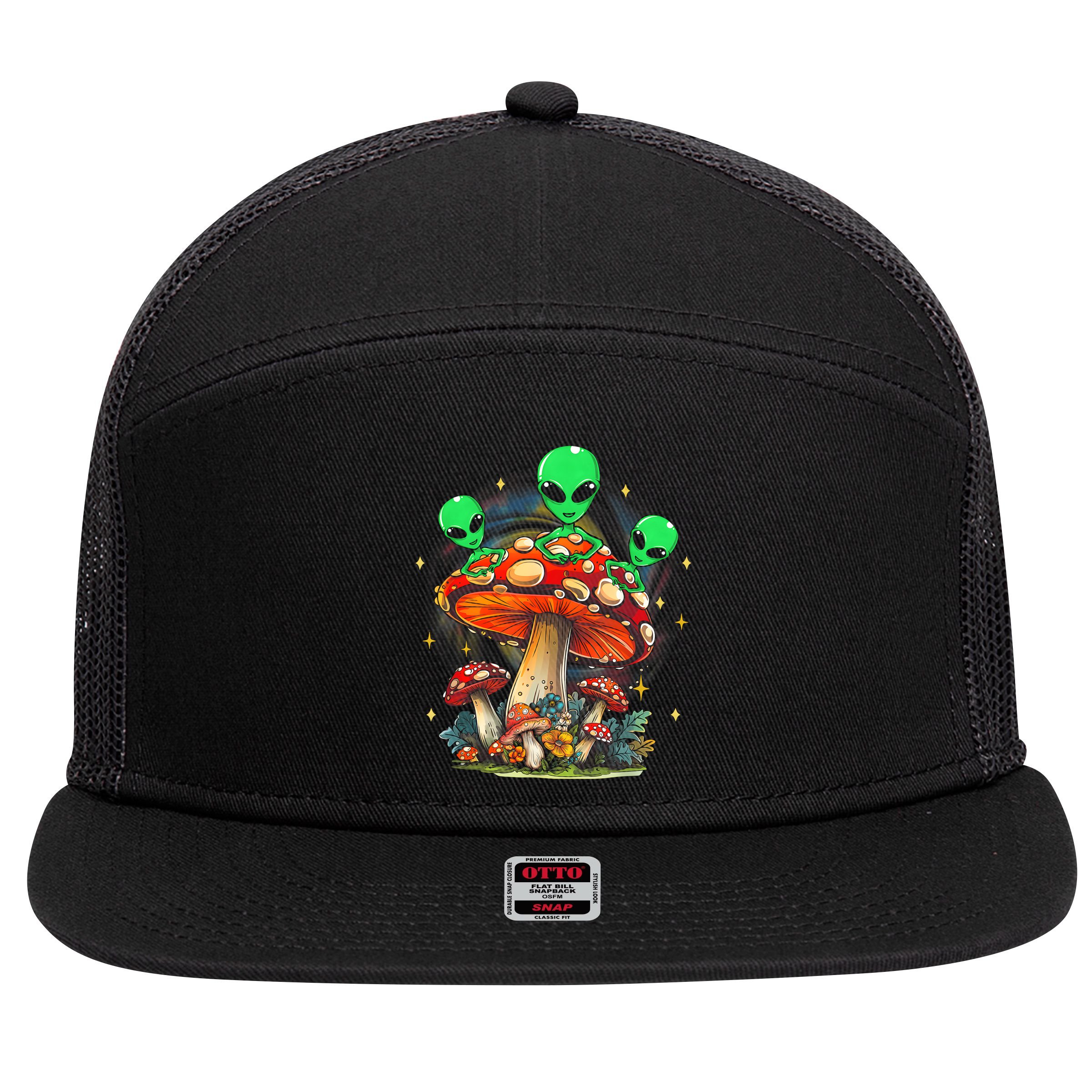 Funny Magic Mushroom Alien Trippy Shroom Lsdweed Acid Trip 7 Panel Mesh Trucker Snapback Hat