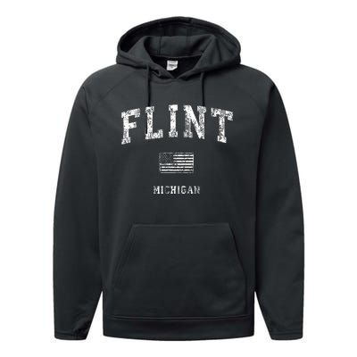 Flint Michigan Mi Vintage American Flag Performance Fleece Hoodie