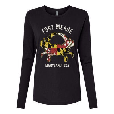 Fort Meade Maryland Usa Crab Vintage Distressed Style Design Womens Cotton Relaxed Long Sleeve T-Shirt