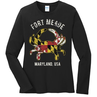 Fort Meade Maryland Usa Crab Vintage Distressed Style Design Ladies Long Sleeve Shirt