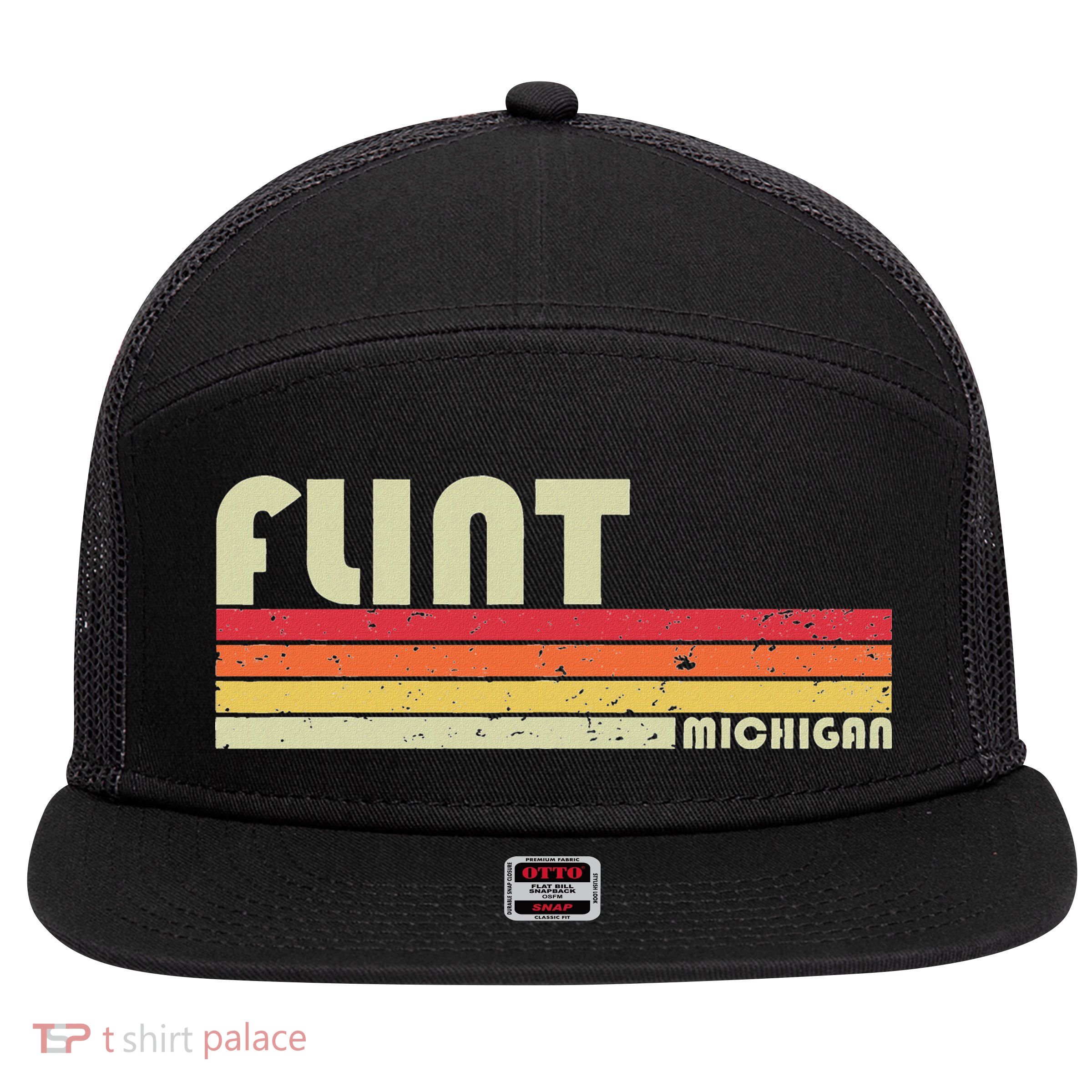 Flint Mi Michigan Funny City Home Roots Gift Retro 70s 80s 7 Panel Mesh Trucker Snapback Hat