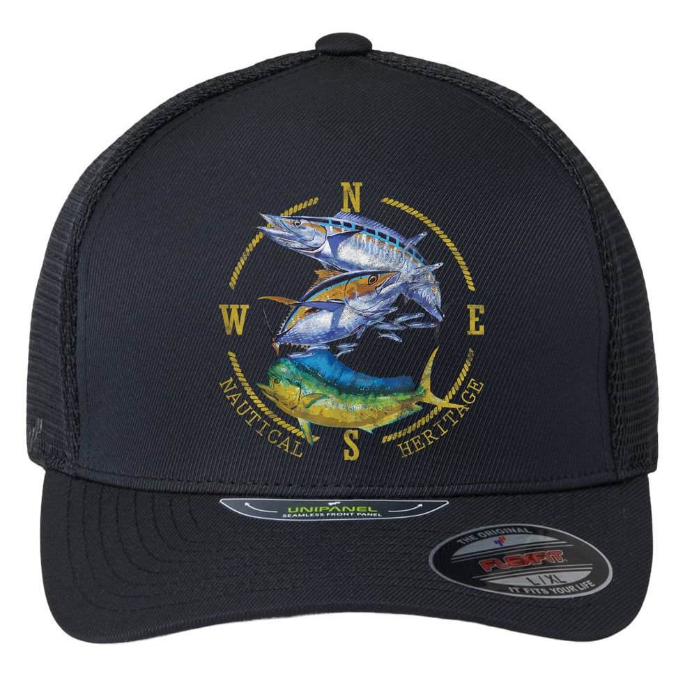 Fish Mahi Mahi Tuna Kingfish Nautical Heritage Fishing Gift Flexfit Unipanel Trucker Cap