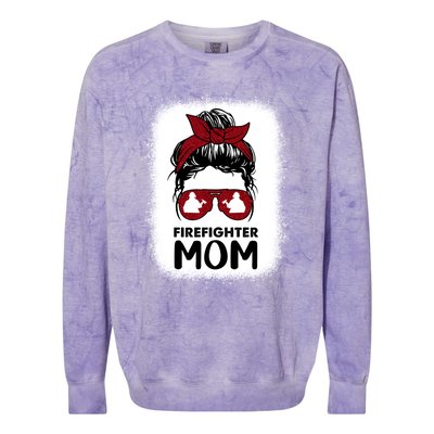 Firefighter Mom Mama Bleached Messy Bun Us Fire Son Funny Funny Gift Colorblast Crewneck Sweatshirt