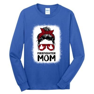 Firefighter Mom Mama Bleached Messy Bun Us Fire Son Funny Funny Gift Tall Long Sleeve T-Shirt