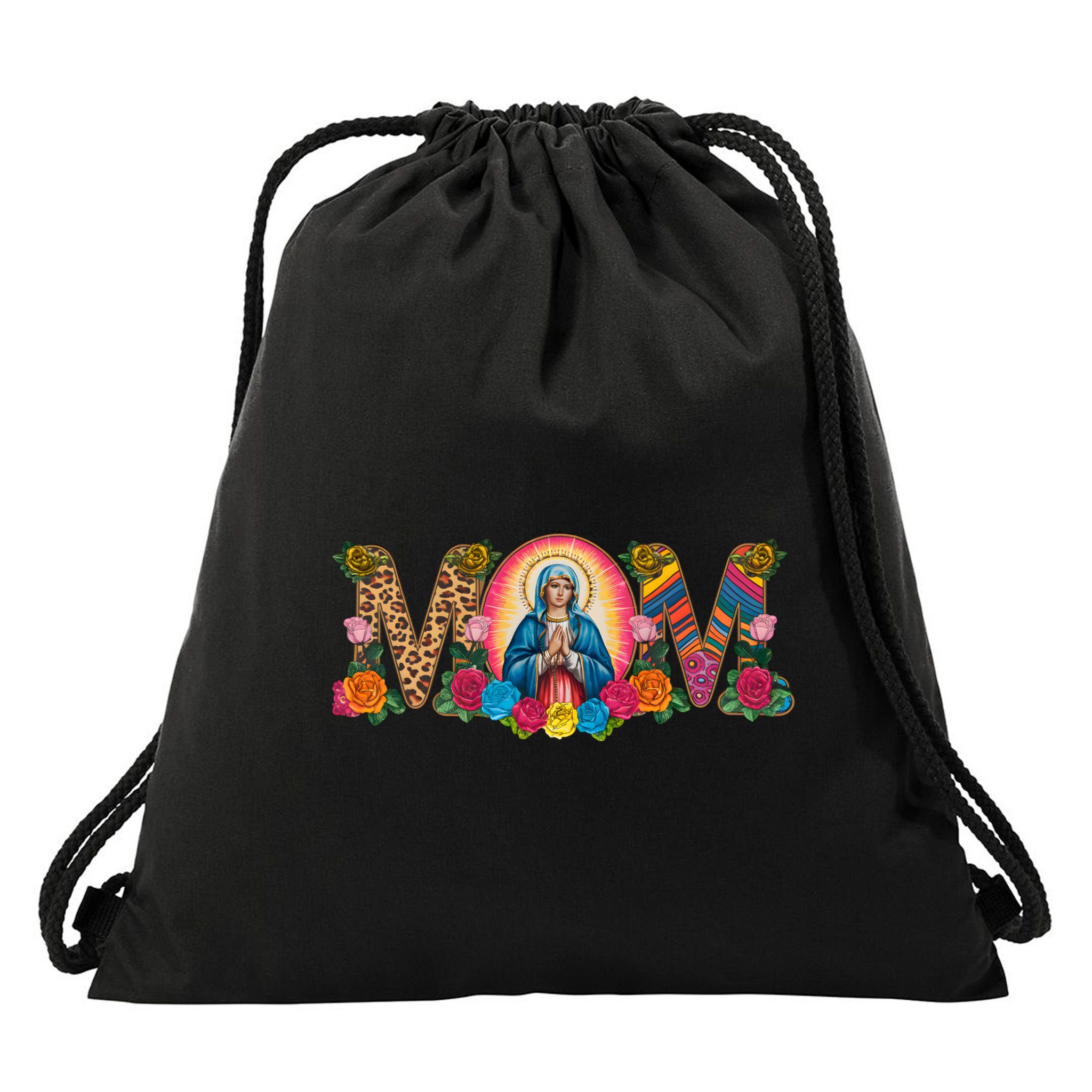 Floral Mom Mother Mary Leopard Rainbow Pattern Drawstring Bag