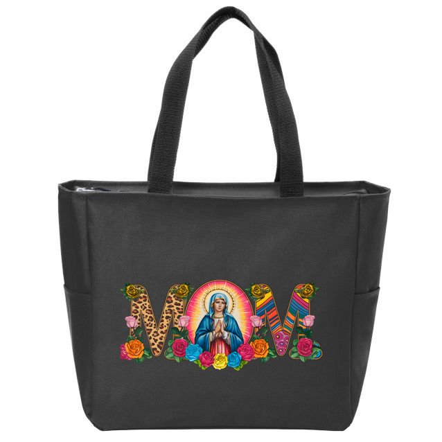 Floral Mom Mother Mary Leopard Rainbow Pattern Zip Tote Bag