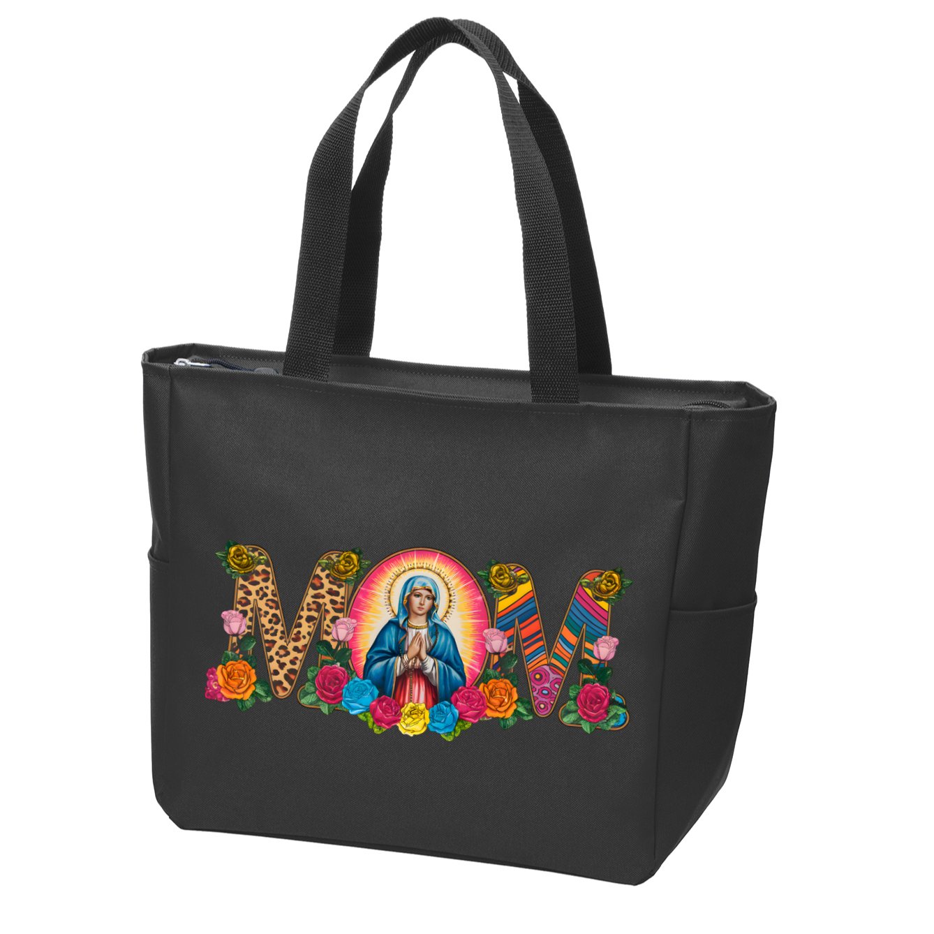 Floral Mom Mother Mary Leopard Rainbow Pattern Zip Tote Bag