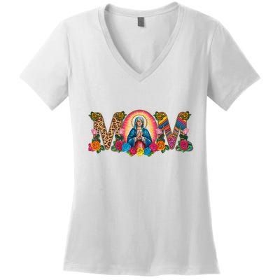 Floral Mom Mother Mary Leopard Rainbow Pattern Women's V-Neck T-Shirt