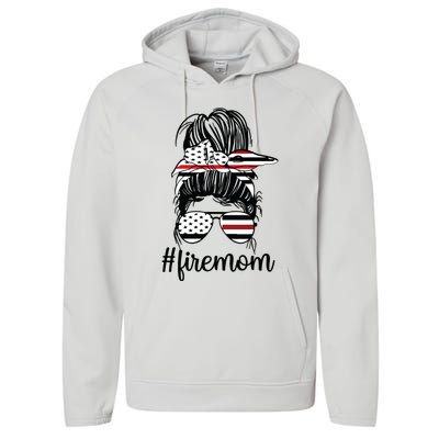 Firefighter Mom Messy Bun Fire Mom Mother Thin Red Line Performance Fleece Hoodie