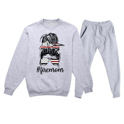 Firefighter Mom Messy Bun Fire Mom Mother Thin Red Line Premium Crewneck Sweatsuit Set