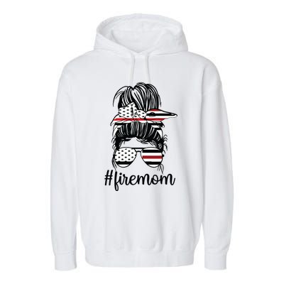 Firefighter Mom Messy Bun Fire Mom Mother Thin Red Line Garment-Dyed Fleece Hoodie