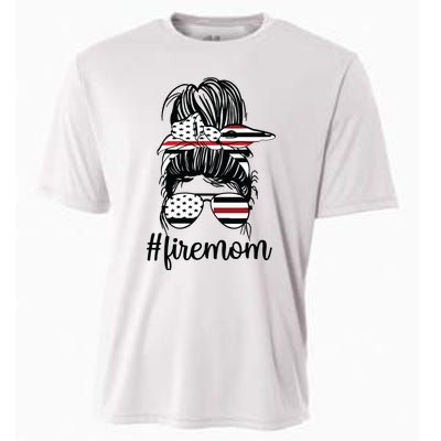 Firefighter Mom Messy Bun Fire Mom Mother Thin Red Line Cooling Performance Crew T-Shirt