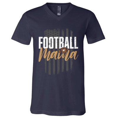 Football Mama Mom Football Leopard Vintage American Flag V-Neck T-Shirt