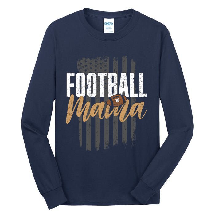 Football Mama Mom Football Leopard Vintage American Flag Tall Long Sleeve T-Shirt