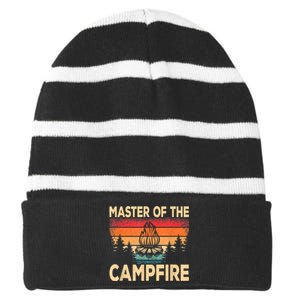 Funny Master Of The Campfire Camper Outdoorlife Camping Striped Beanie with Solid Band