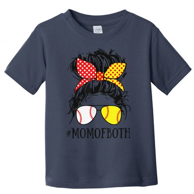 Funny Mom Of Both Baseball Mom Softball Mom Messy Bun Toddler T-Shirt