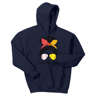 Funny Mom Of Both Baseball Mom Softball Mom Messy Bun Kids Hoodie