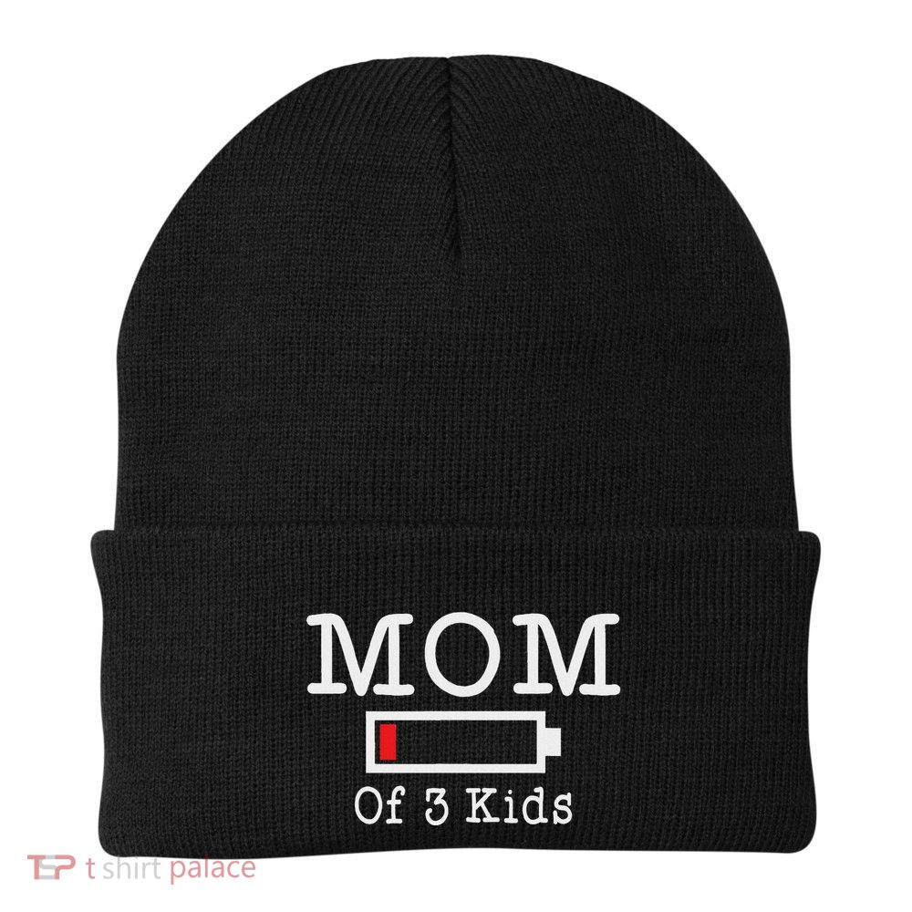 Funny Mom Of 3 Low Battery Busy Mother Parenting Gift Knit Cap Winter Beanie