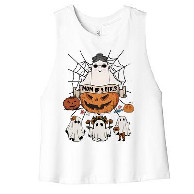 Fun Mom Of 3 Mommy Pumpkin Mother Halloween Boo Ghost Gift Women's Racerback Cropped Tank