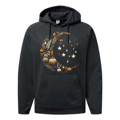 Fall Moon Pumpkins Stars Thanksgiving Harvest Doodles Performance Fleece Hoodie