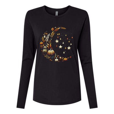 Fall Moon Pumpkins Stars Thanksgiving Harvest Doodles Womens Cotton Relaxed Long Sleeve T-Shirt