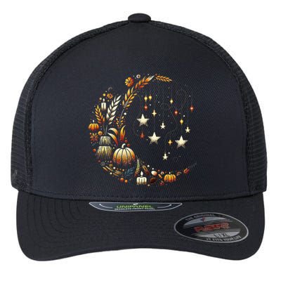 Fall Moon Pumpkins Stars Thanksgiving Harvest Doodles Flexfit Unipanel Trucker Cap