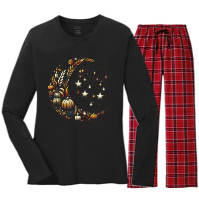 Fall Moon Pumpkins Stars Thanksgiving Harvest Doodles Women's Long Sleeve Flannel Pajama Set 