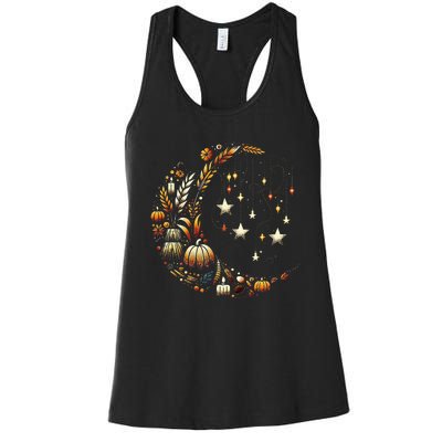 Fall Moon Pumpkins Stars Thanksgiving Harvest Doodles Women's Racerback Tank