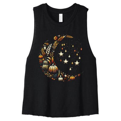 Fall Moon Pumpkins Stars Thanksgiving Harvest Doodles Women's Racerback Cropped Tank