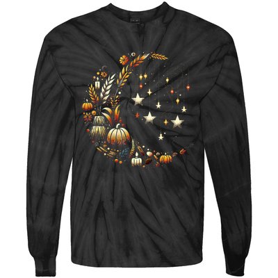 Fall Moon Pumpkins Stars Thanksgiving Harvest Doodles Tie-Dye Long Sleeve Shirt