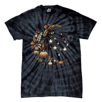 Fall Moon Pumpkins Stars Thanksgiving Harvest Doodles Tie-Dye T-Shirt