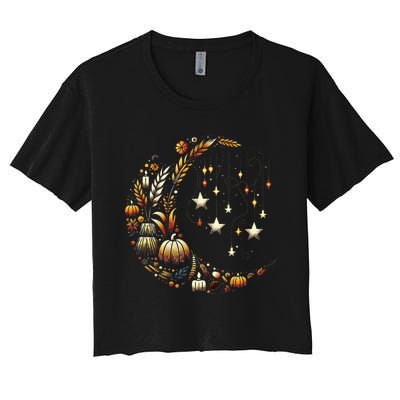 Fall Moon Pumpkins Stars Thanksgiving Harvest Doodles Women's Crop Top Tee