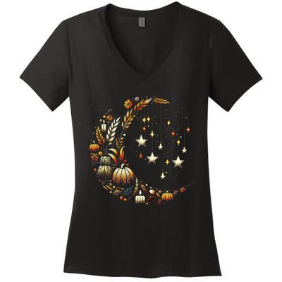 Fall Moon Pumpkins Stars Thanksgiving Harvest Doodles Women's V-Neck T-Shirt