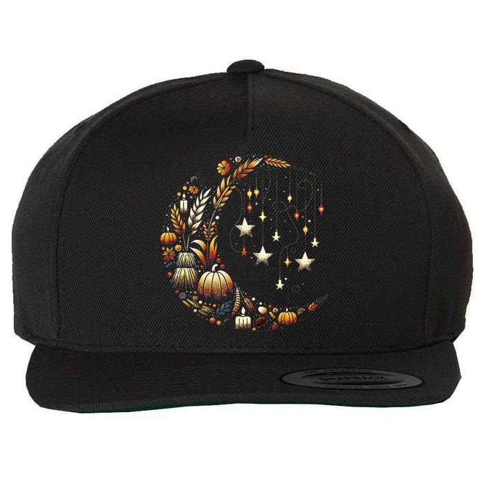 Fall Moon Pumpkins Stars Thanksgiving Harvest Doodles Wool Snapback Cap