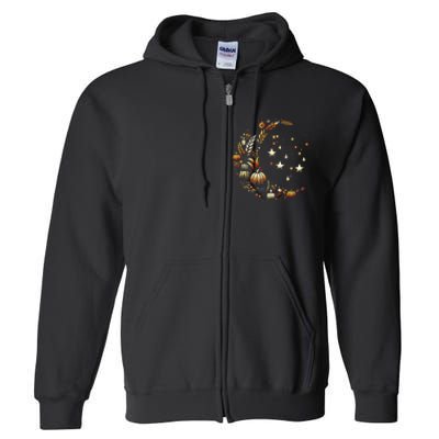 Fall Moon Pumpkins Stars Thanksgiving Harvest Doodles Full Zip Hoodie