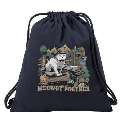 Funny Meowdy Partner Christmas Gift For Cat Lovers Cowboy Cat Dad Gift Idea Cat Drawstring Bag