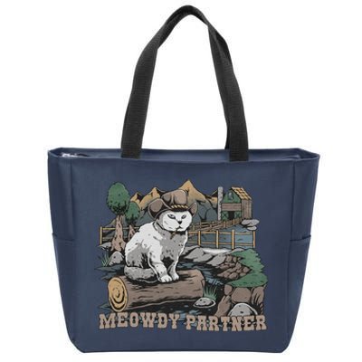 Funny Meowdy Partner Christmas Gift For Cat Lovers Cowboy Cat Dad Gift Idea Cat Zip Tote Bag