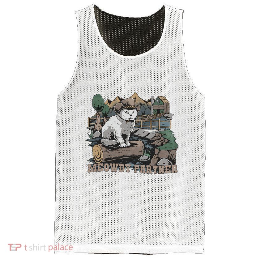 Funny Meowdy Partner Christmas Gift For Cat Lovers Cowboy Cat Dad Gift Idea Cat Mesh Reversible Basketball Jersey Tank