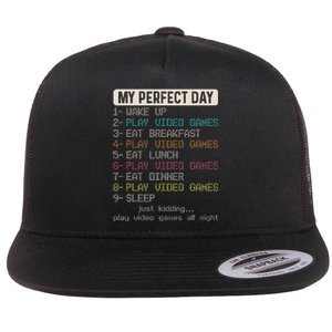 Funny My Perfect Day Play Video Games Gamer Gaming Flat Bill Trucker Hat