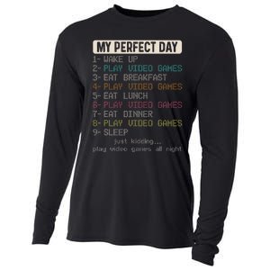 Funny My Perfect Day Play Video Games Gamer Gaming Cooling Performance Long Sleeve Crew