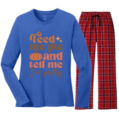 Feed Me Pie And Tell Me Pretty Fall Pumpkin Thanksgiving Meaningful Gift Women's Long Sleeve Flannel Pajama Set 