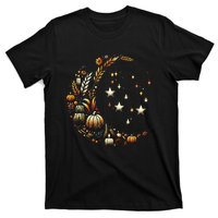 Fall Moon Pumpkins Stars Thanksgiving Harvest Doodles T-Shirt