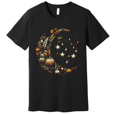 Fall Moon Pumpkins Stars Thanksgiving Harvest Doodles Premium T-Shirt