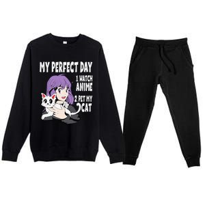 Funny My Perfect Day Anime And Cat Lover For Teen Premium Crewneck Sweatsuit Set