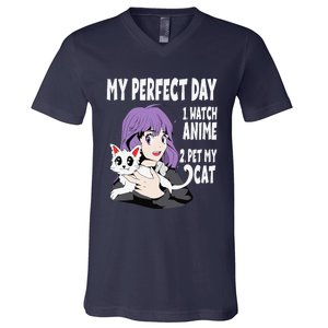 Funny My Perfect Day Anime And Cat Lover For Teen V-Neck T-Shirt