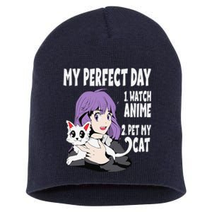 Funny My Perfect Day Anime And Cat Lover For Teen Short Acrylic Beanie