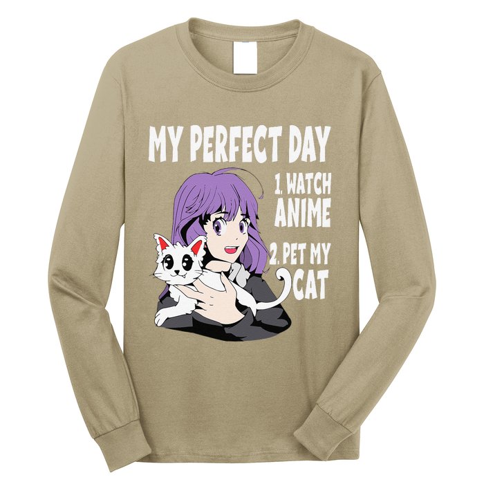 Funny My Perfect Day Anime And Cat Lover For Teen Long Sleeve Shirt