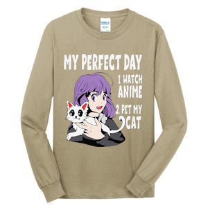 Funny My Perfect Day Anime And Cat Lover For Teen Tall Long Sleeve T-Shirt